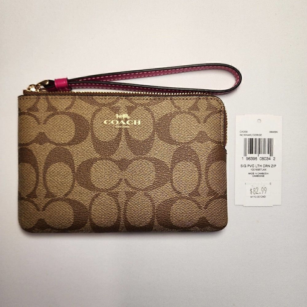 NWT COACH CK358 Corner Zip Wristlet Khaki Signature Canvas Cerise (Pink)
